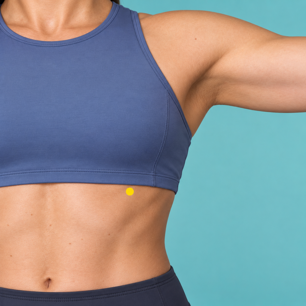 Close-up of a chest with yellow dot markers below each nipple in the space between the ribs, indicating LR14.