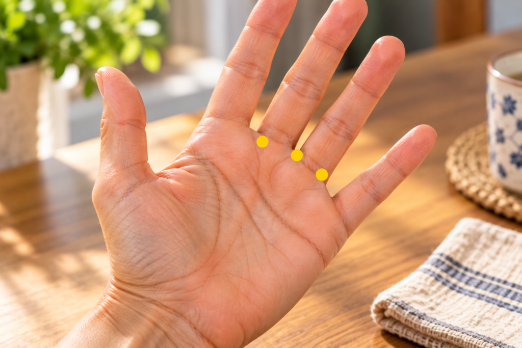 Close-up of a palm with a yellow dot marker at the crease at the base of the ring finger, indicating the Ashi point for trigger finger.