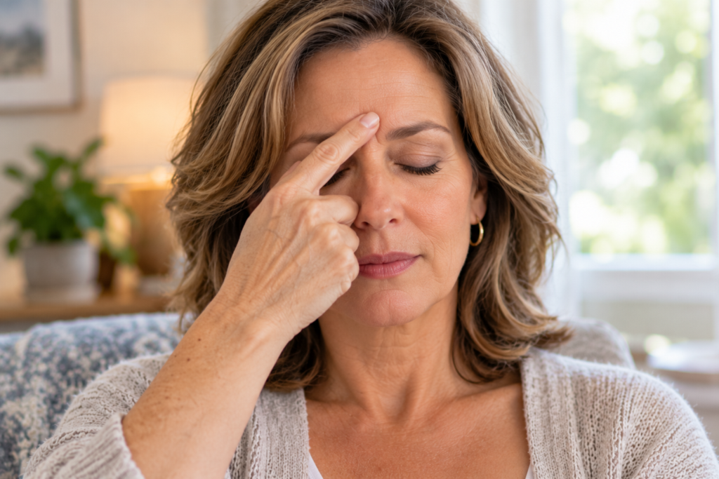 Woman in her fifties gently pressing Yintang between her eyebrows, marked by a yellow dot, with her eyes closed.