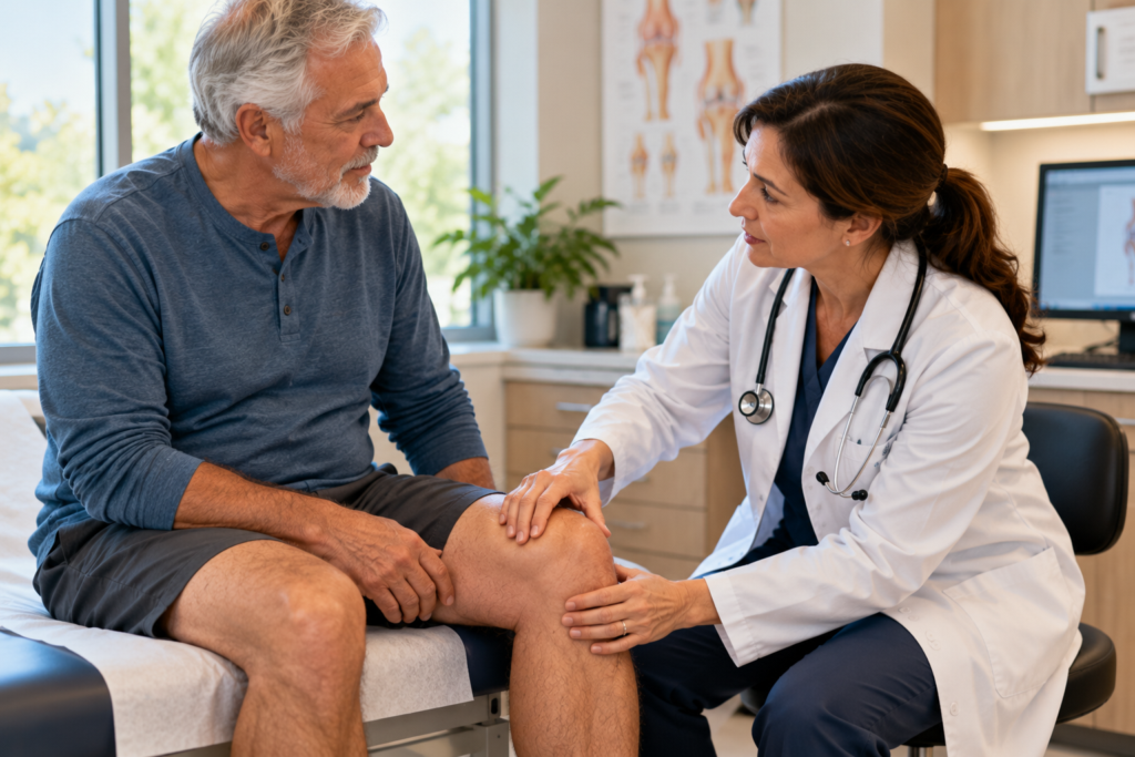 Doctor examining an older man's knee in a bright exam room.