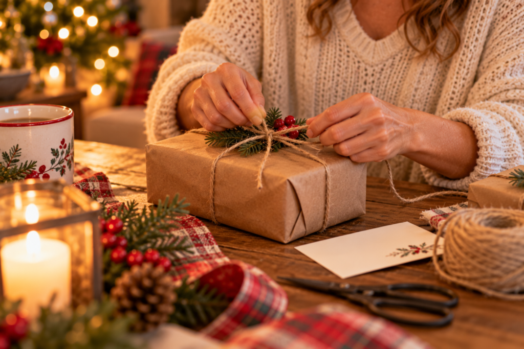 Hands wrapping a simple homemade gift in brown paper and twine beside a handwritten note.