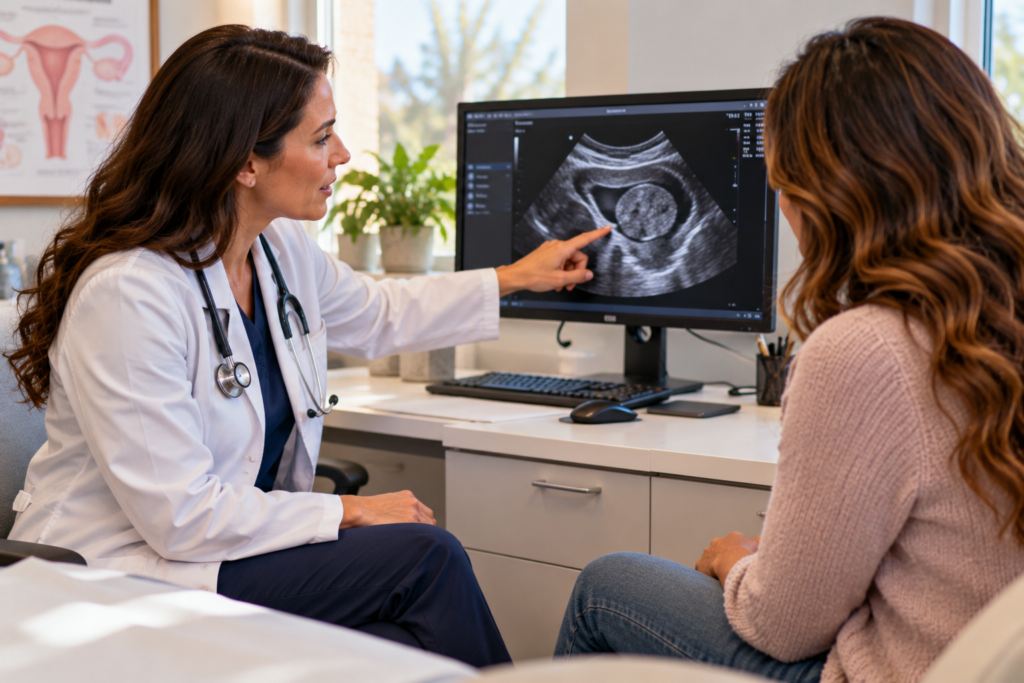 Gynecologist pointing to an ultrasound image on a screen while a person listens attentively.