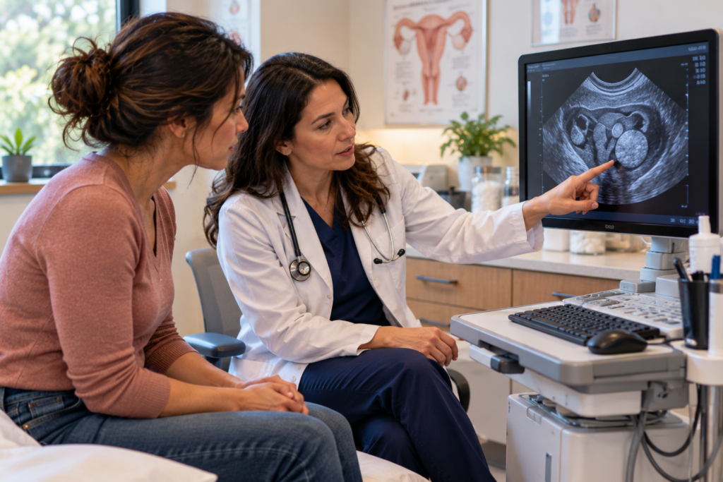 Gynecologist pointing to an ultrasound image on a screen while a person listens attentively.