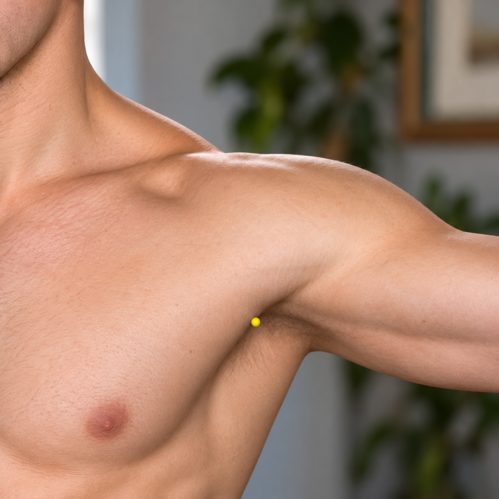 Close-up of the armpit with the arm slightly raised, with a yellow dot marking HT1 at the center.