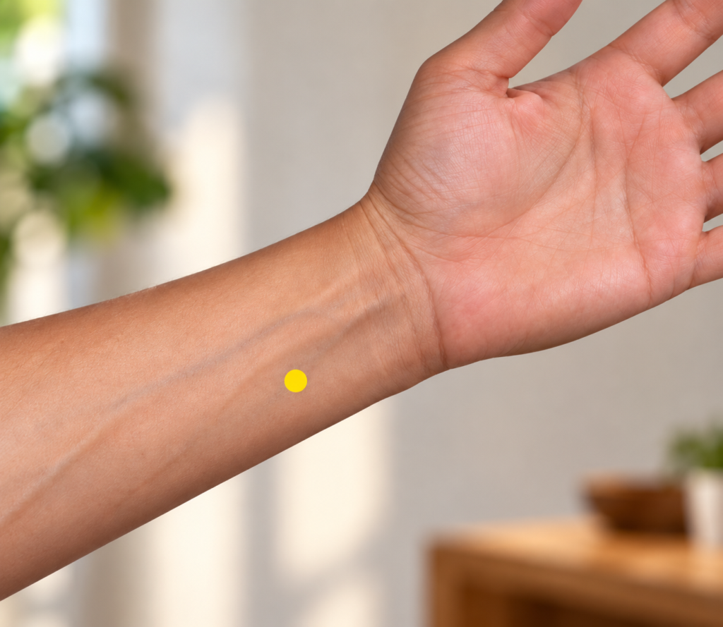 Close-up of the inner wrist, with a yellow dot marking HT4 on the pinky side above the wrist crease.