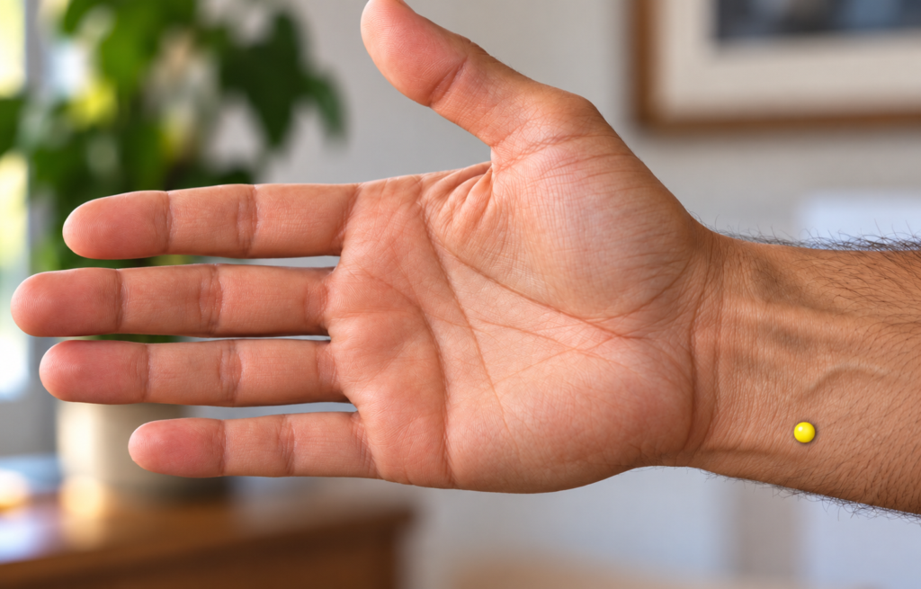 Close-up of the inner wrist, with a yellow dot marking HT5 above the wrist crease on the pinky side.