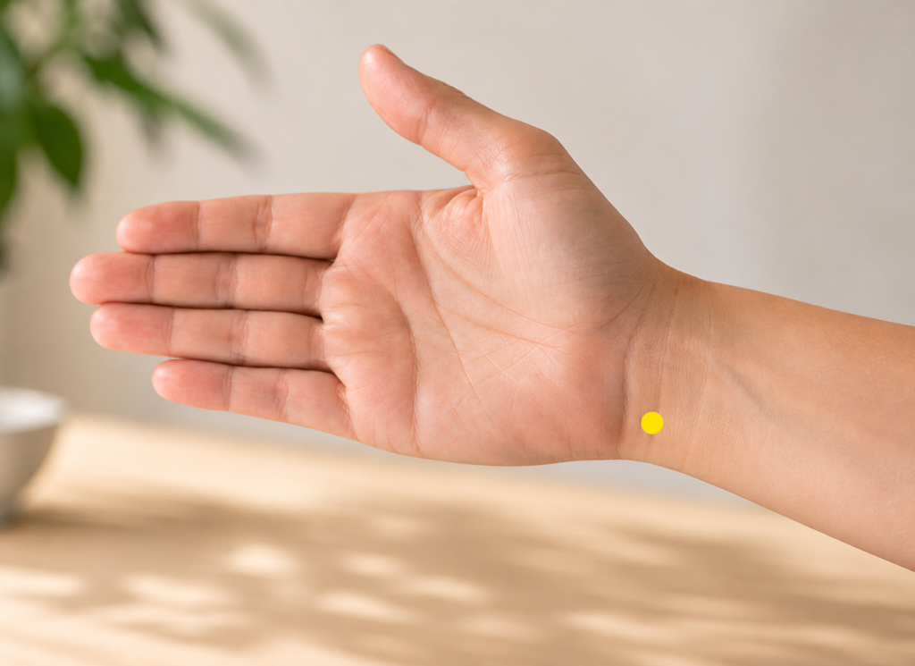 Close-up of the inner wrist, with a yellow dot marking HT6 just above the wrist crease on the pinky side.