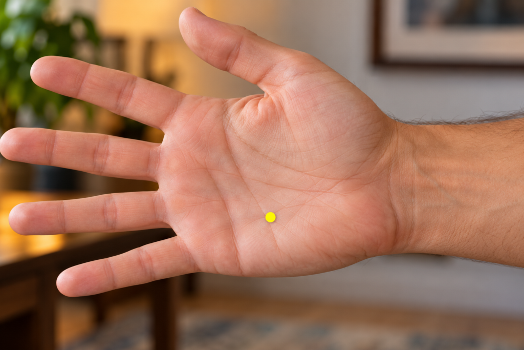 Close-up of an open palm, with a yellow dot marking HT8 between the bones leading to the ring and little fingers.