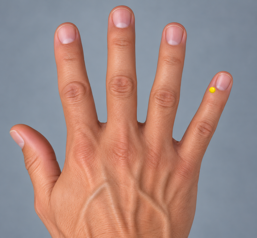Close-up of the little finger, with a yellow dot marking HT9 beside the corner of the fingernail on the ring finger side.