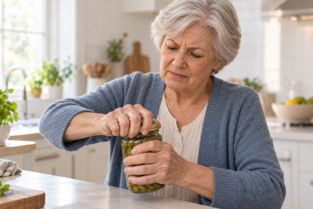 Older woman struggling to open a jar with stiff, slightly swollen knuckles in a bright kitchen.