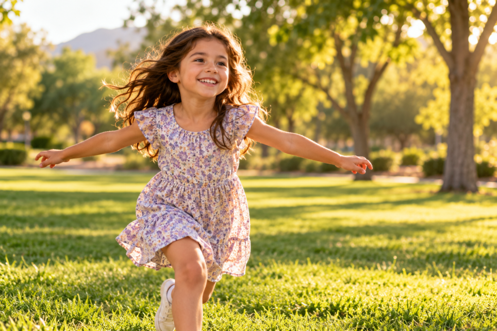 Smiling child running and playing on a sunny lawn, full of energy and feeling well.