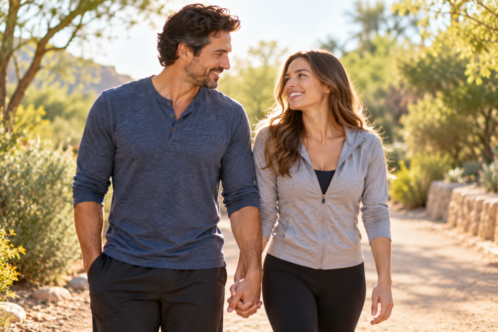 Smiling couple walking hand in hand along a quiet path in the morning light.