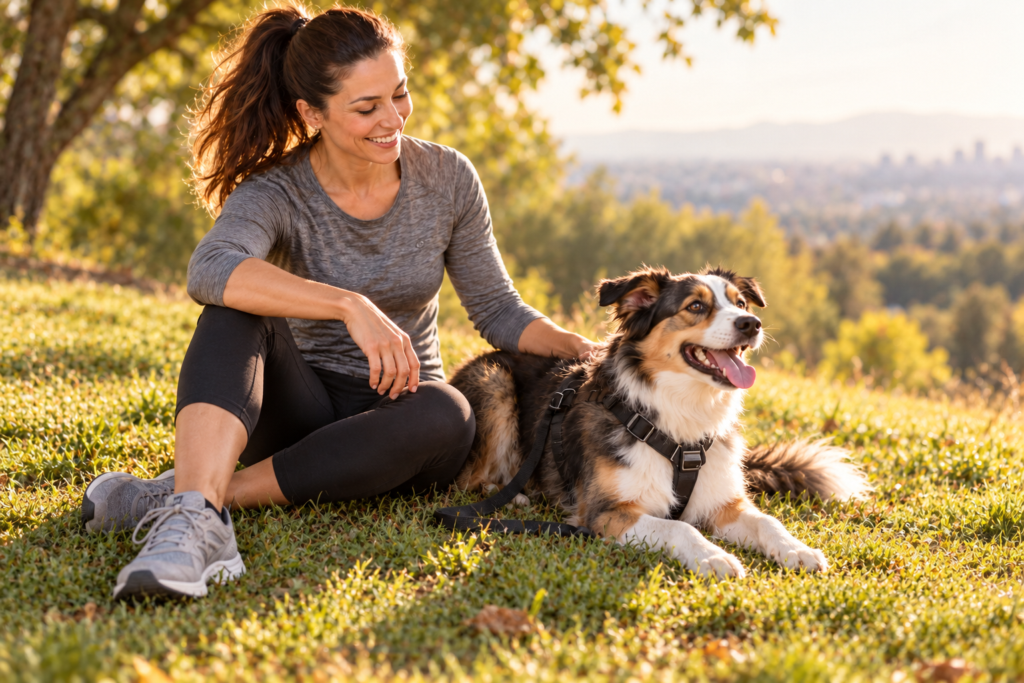 Person and dog resting together on a grassy hill after a walk, both content.