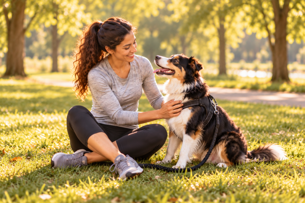 Woman sitting on the grass in a park, smiling at her dog while gently petting its chest after exercise.