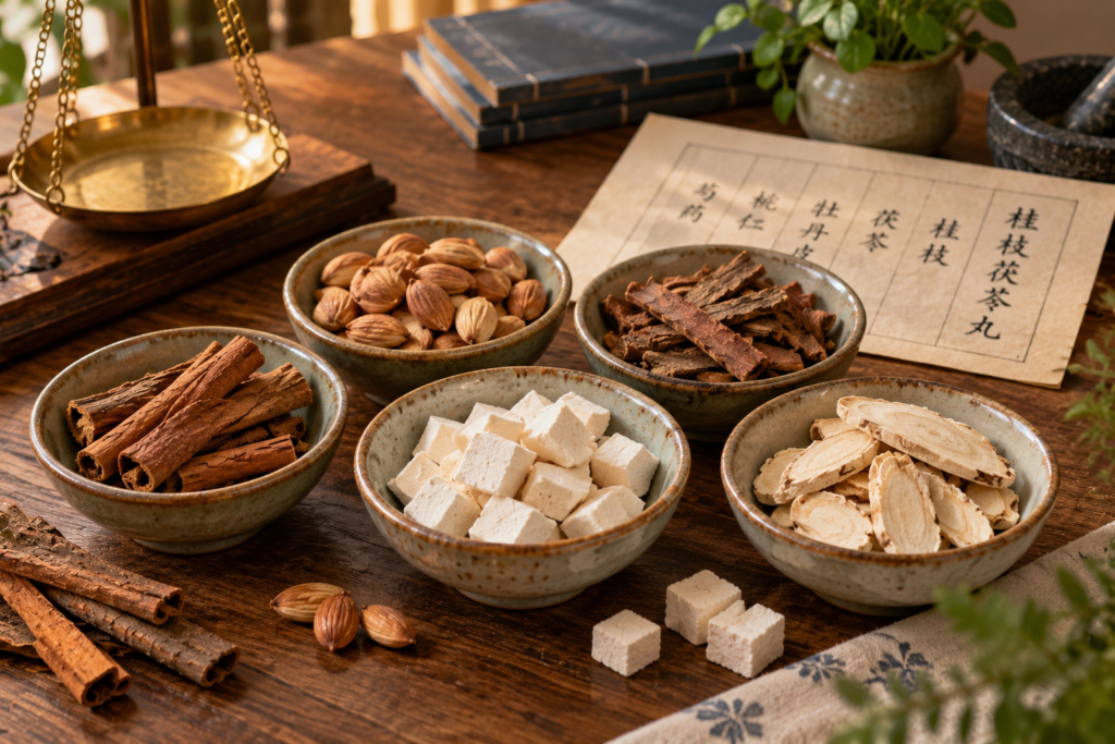 Small ceramic bowls holding cinnamon twig, poria, peony root, peach kernel, and tree peony bark on a wooden table.