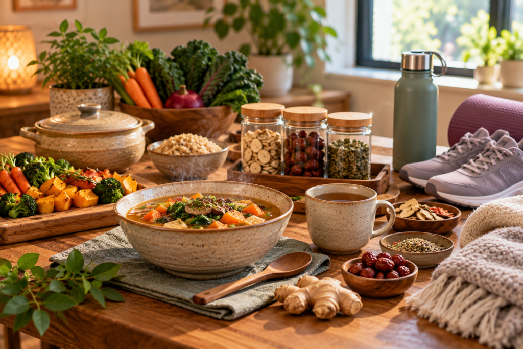 Warm vegetable soup, roasted vegetables, Chinese herbs, tea, exercise shoes, and a cozy blanket arranged on a table.