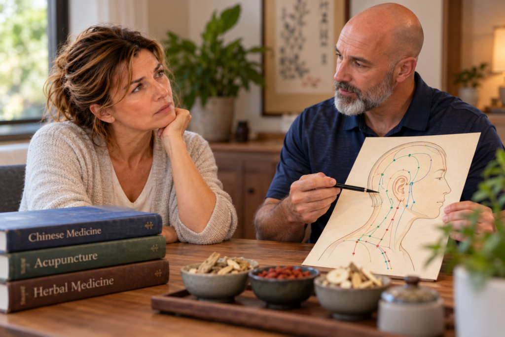 Acupuncturist explaining a Traditional Chinese Medicine treatment approach for Ménière’s disease to a woman during a consultation.