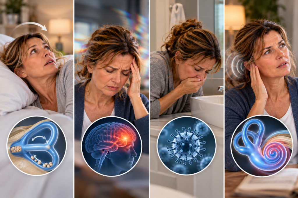 Four-panel comparison illustrating positional vertigo, vestibular migraine, vestibular neuritis, and Ménière’s disease.