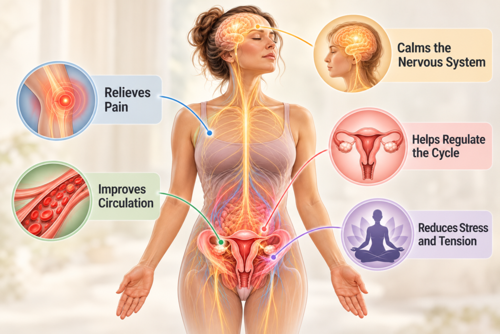 Illustration of a human figure with highlighted areas at the brain, pelvis, and nervous system, showing pain relief, circulation, and hormone regulation.
