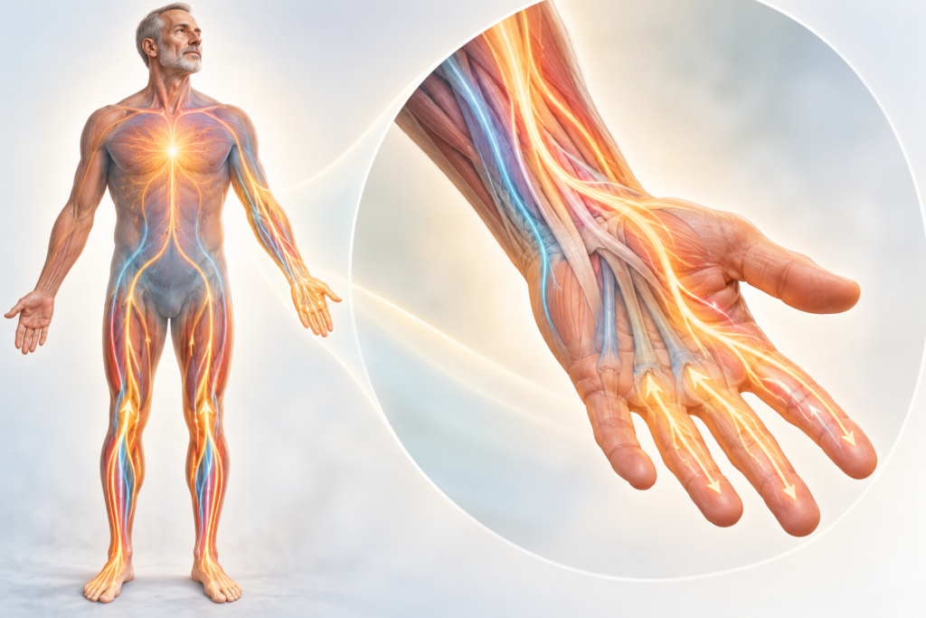 Anatomical illustration of an older man with glowing pathways extending through his body, alongside an enlarged view of the hand showing muscles, tendons, and circulation.