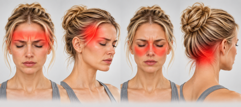 Illustration of four head profiles showing soft highlights over the forehead and temples, one side of the head, the sinuses and cheeks, and the base of the skull, representing common headache types.