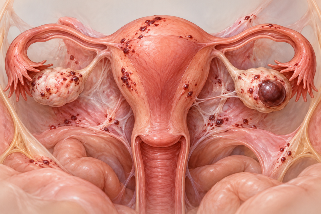Clean anatomical illustration of the uterus, ovaries, and fallopian tubes with small patches of endometrial-like tissue on the outer surfaces and an ovarian cyst.