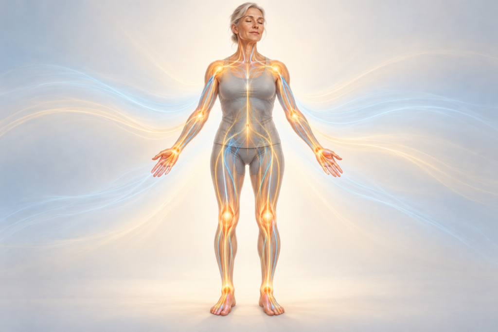 Medical-style illustration of an older woman with softly glowing joints and flowing blue and gold pathways extending through her arms, hands, legs, and feet.