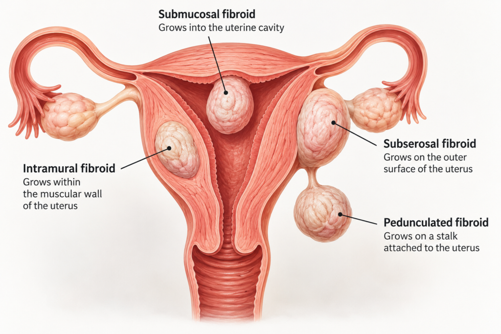Illustration of Fibroid Types in the Uterus Alt Text: Illustration of a uterus showing intramural, submucosal, subserosal, and pedunculated fibroids.