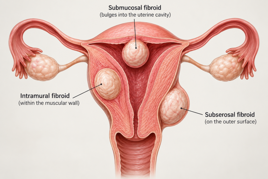 Illustration of a uterus showing fibroids within the wall, bulging into the cavity, and on the outer surface.
