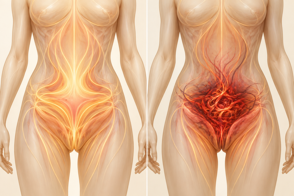 Two-panel illustration of a human torso showing smooth, flowing energy in the lower abdomen in one panel and tangled, dark congestion in the other.