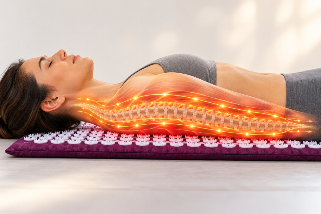 Illustration of a human figure lying face up, with soft glowing lines along the spine and back showing gentle stimulation and circulation.