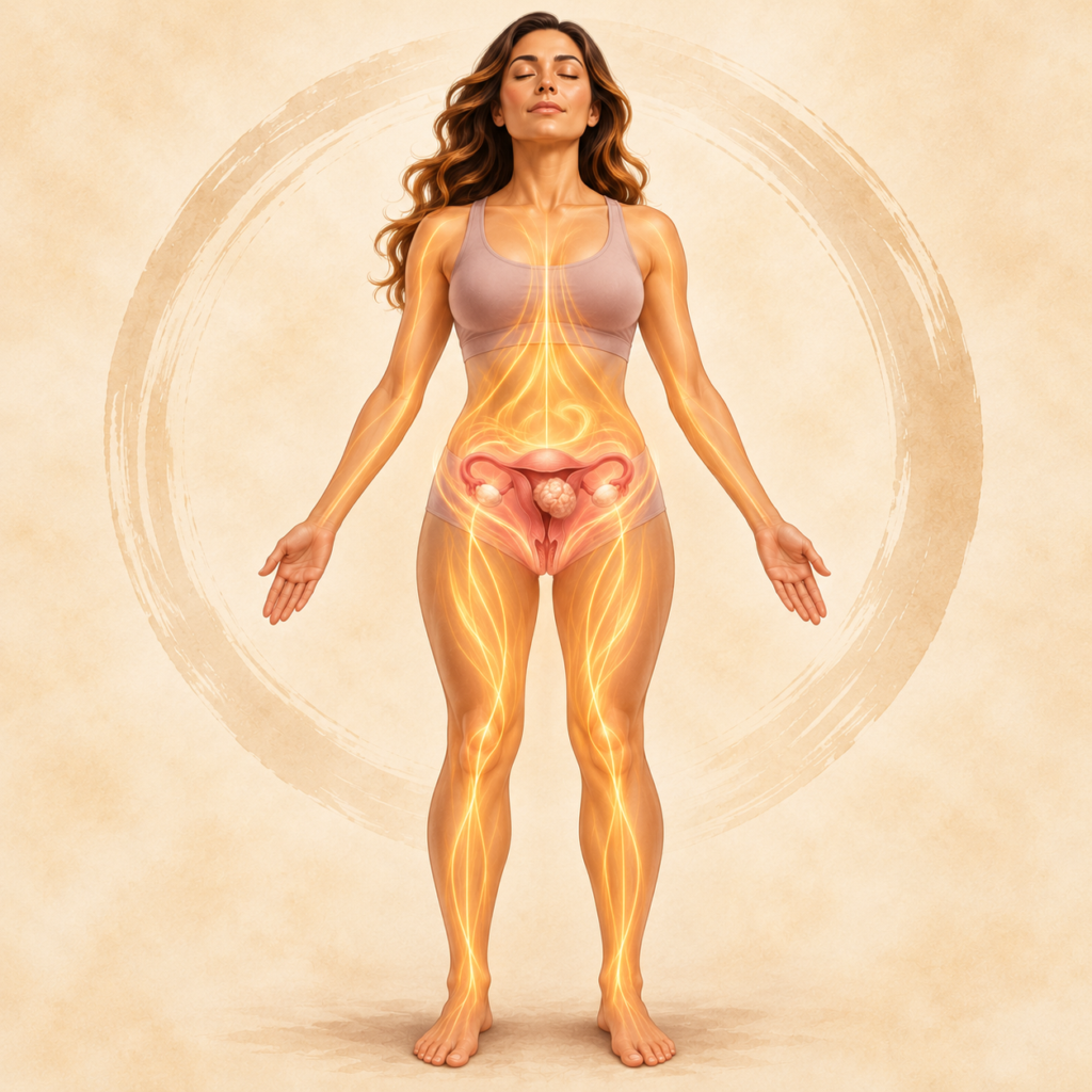 Illustration of a human figure with flowing lines of light moving through the pelvis and down the inner legs, with a dim area at the uterus.