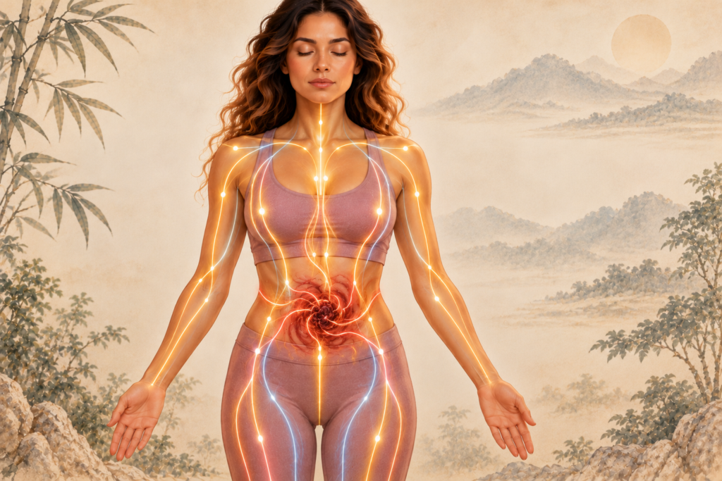 Woman with glowing meridian pathways flowing through her body and a concentrated red knot of stagnant energy in the lower abdomen.