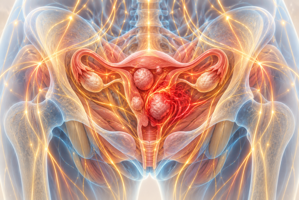 Illustration of a human figure with flowing lines of light that slow and gather into a knot at the lower abdomen.