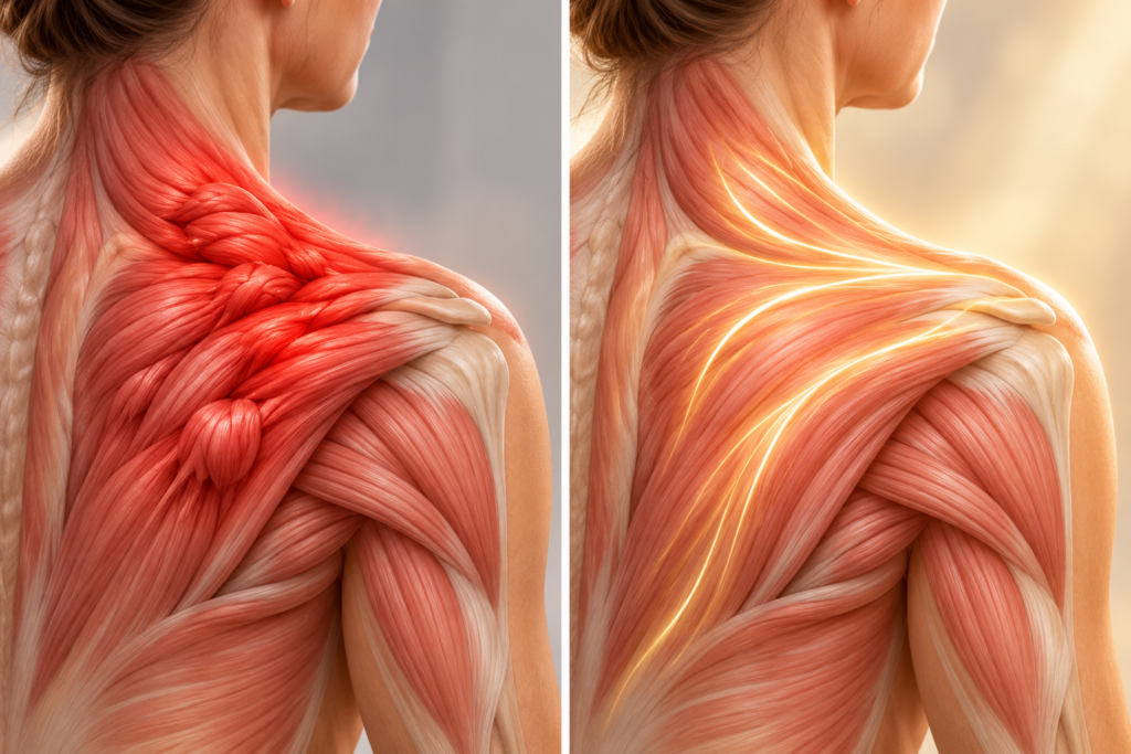 Side-by-side illustration of a muscle shown tight and knotted in one panel and smooth and relaxed in the other, with a soft glow of flowing energy.