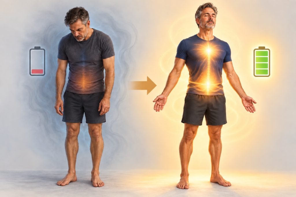 Illustration of a human figure with a low energy gauge at the lower back gradually filling with warm light.