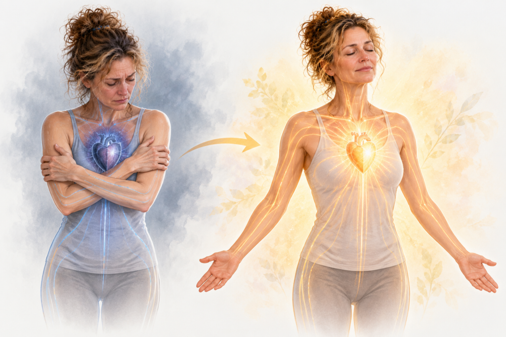 Illustration of a human figure with a closed, shielded glow at the chest that gradually opens into soft, warm light.