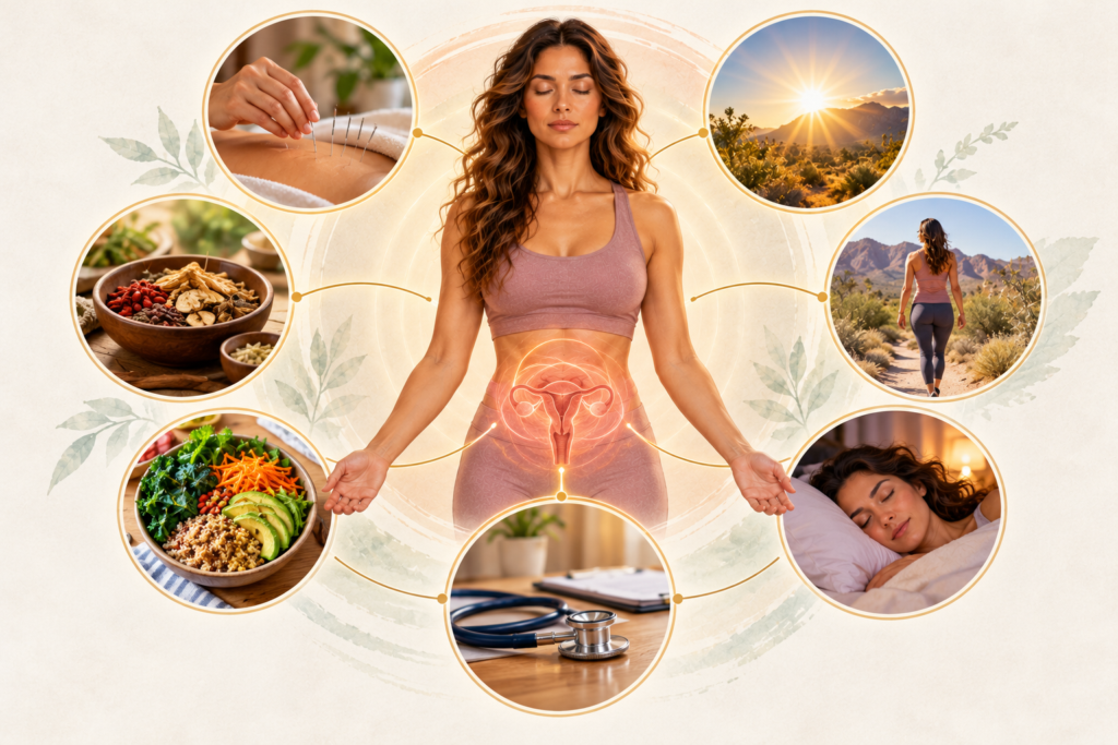 Illustration of a human figure at the center surrounded by icons for acupuncture, herbs, food, sunlight, movement, and rest.