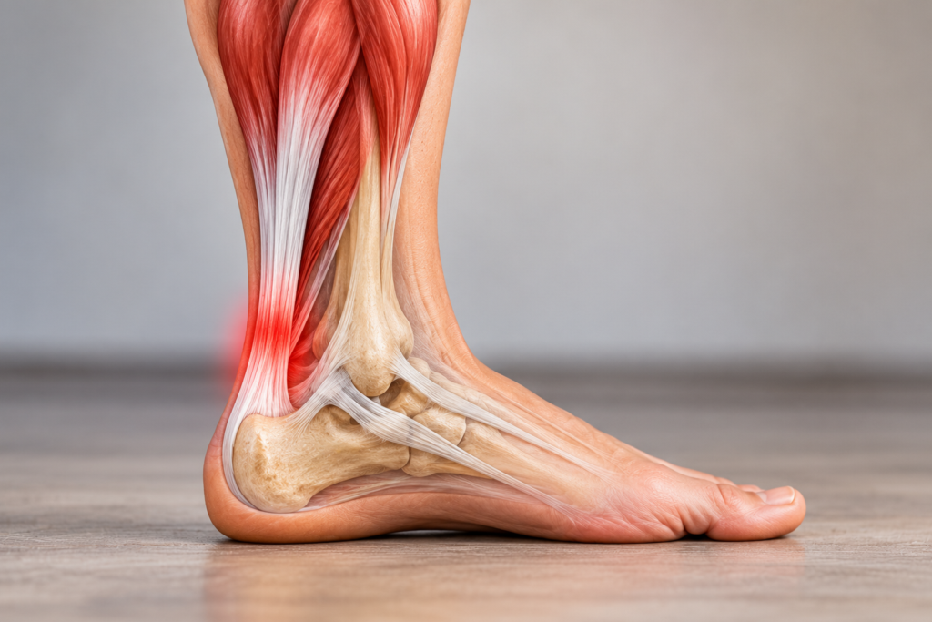 Clean anatomical illustration of the lower leg in side view showing the calf muscles narrowing into the Achilles tendon and attaching to the heel bone, with a soft red glow over the tendon.