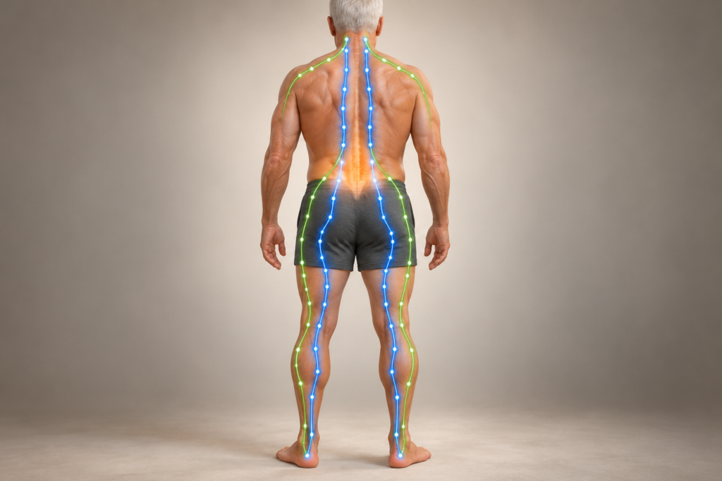 Back view illustration of a calm human figure with glowing lines tracing channels along both sides of the spine and down the back and outside of the legs.