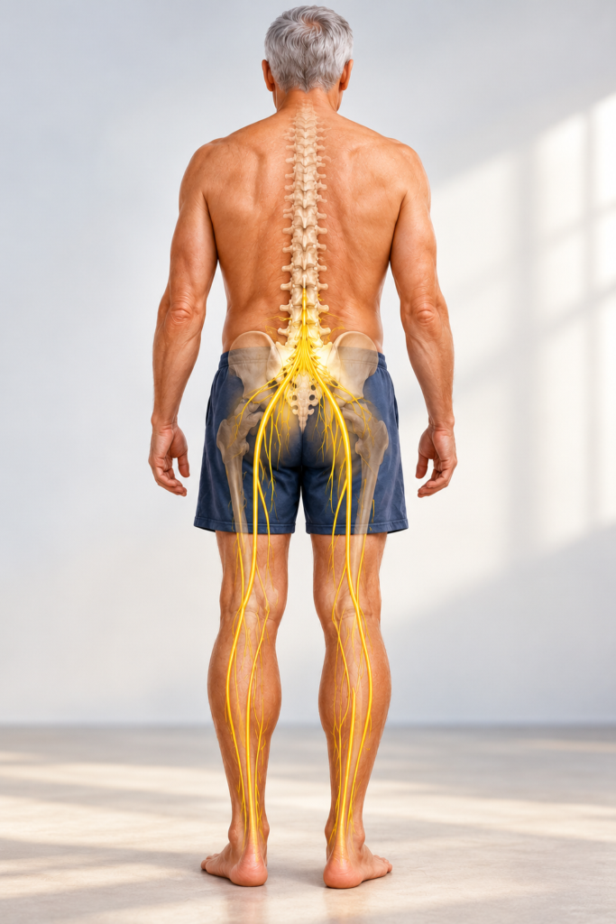 Anatomical illustration of an older man viewed from behind, showing the spine, pelvis, and highlighted nerve roots extending from the lower back through both legs and into the feet.