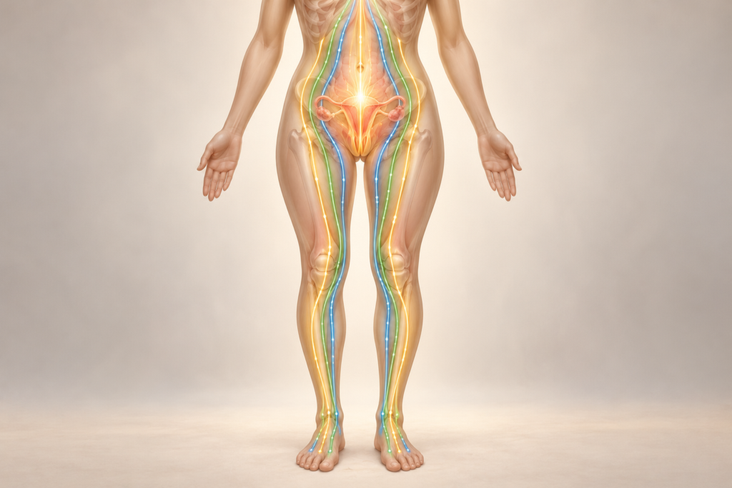Front view illustration of a calm human figure with glowing lines tracing the Spleen, Liver, and Kidney channels up the inner legs into the lower abdomen.