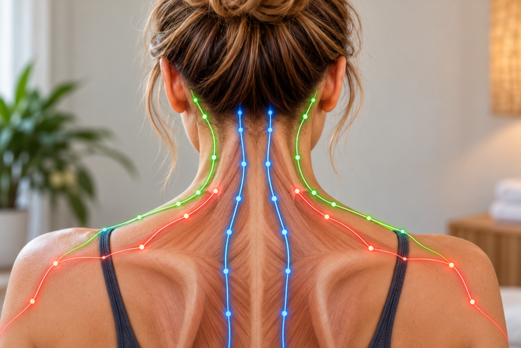 Back view illustration of a calm human head and shoulders with glowing lines tracing channels along the sides and back of the neck and across the shoulder blades.