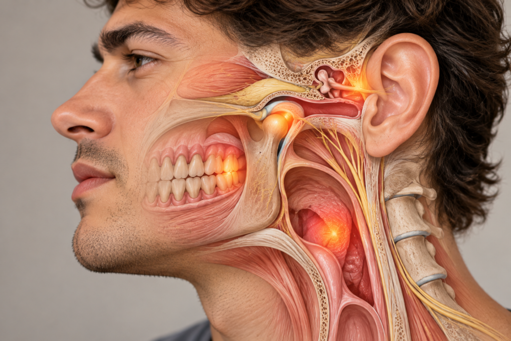 Clean anatomical illustration of the side of the head showing the ear canal and middle ear alongside the jaw joint, back teeth, and throat, with soft highlights over each area.