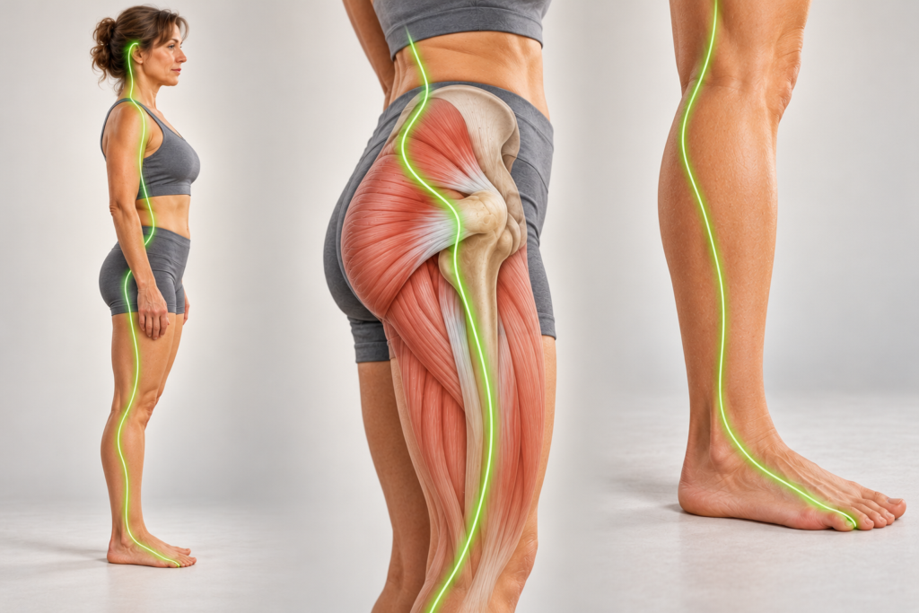 Illustration of a standing figure from the side with a softly glowing line tracing the Gallbladder channel along the side of the body, outer hip, and outer leg.