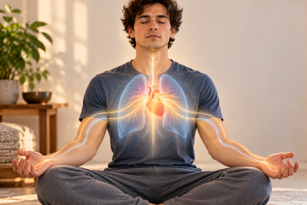 Illustration of a seated human figure with a soft glow at the heart and chest and gentle light flowing outward with the breath.