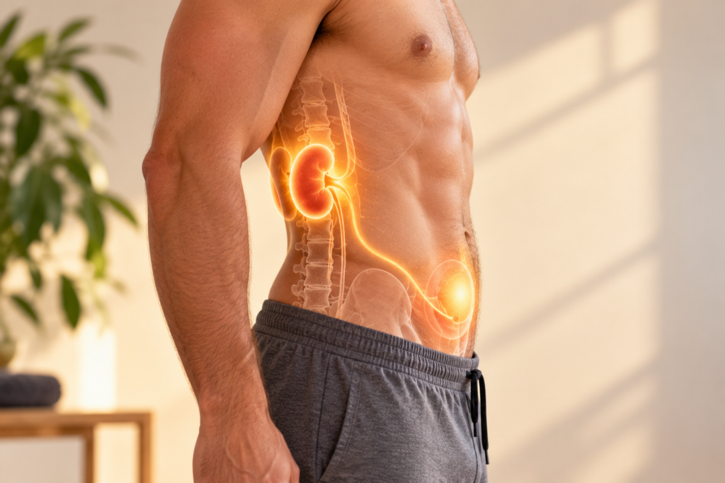 Illustration of a human torso from the side with a soft glow over the lower back at the Kidney area and the lower abdomen below the navel.