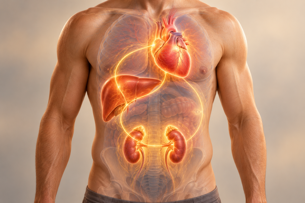 Illustration of a human torso with soft glows over the heart, the liver, and the lower back at the Kidney area, connected by gentle lines of light.