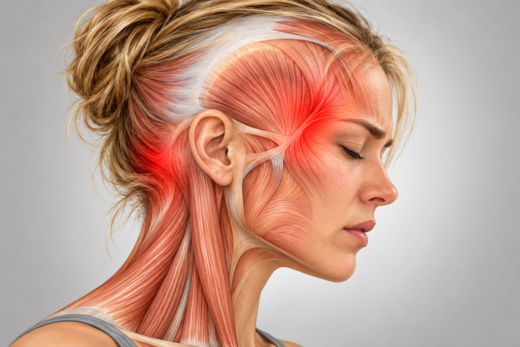 Clean anatomical illustration of a human head and neck in side view showing the scalp, temple, and neck muscles with a soft red glow over areas of tension.