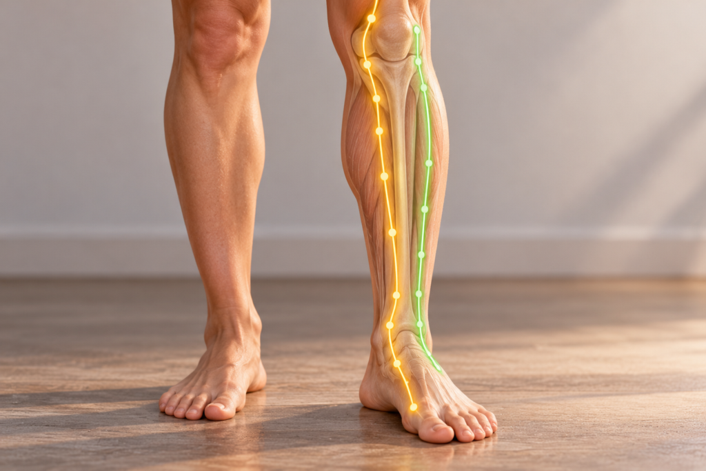 Front view illustration of a lower leg with glowing lines tracing channels along the front of the shin and the inner edge of the shinbone.